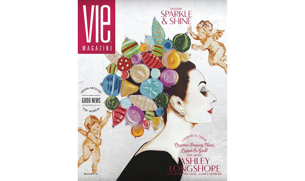 VIE Magazine cover with a woman's profile adorned with colorful Christmas ornaments, holiday sparkle & shine theme.