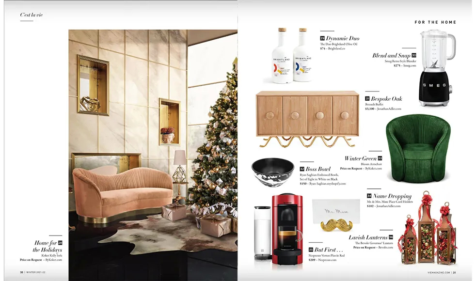 VIE press clipping with luxury home decor. Left side shows Koket's Bloom sofa; right side features holiday gift guide.