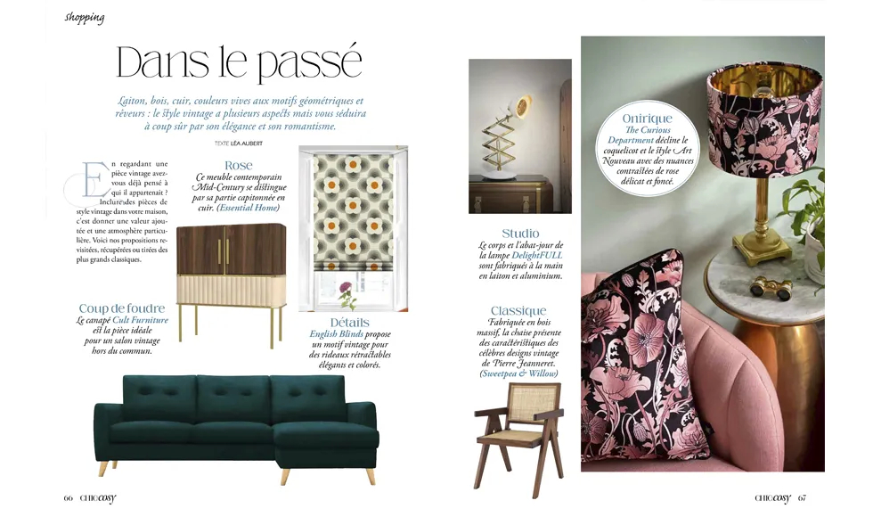 Chic+Cosy magazine spread showcasing vintage-inspired home decor, furniture, lighting, and textiles with floral patterns.
