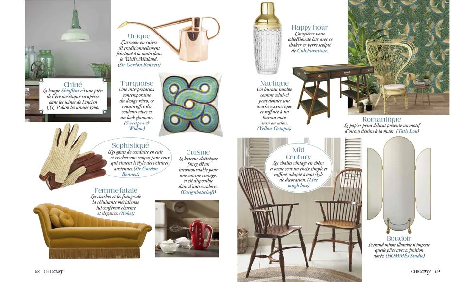 Chic+Cosy press clipping featuring diverse vintage-inspired home decor, furniture, lighting, and textiles with floral motifs.