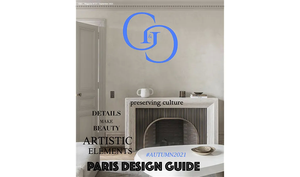 Press clipping G&G cover for Autumn 2021 Paris Design Guide, featuring artistic elements and cultural preservation.