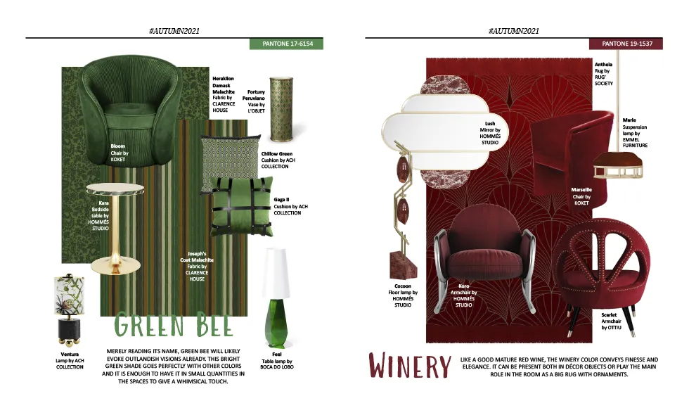 Press clipping G&G featuring Koket's green and red furniture, lighting, and decor for Autumn 2021.