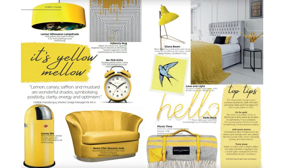 Wherever press clipping featuring a collection of yellow home decor items, including the Besame Sofa.