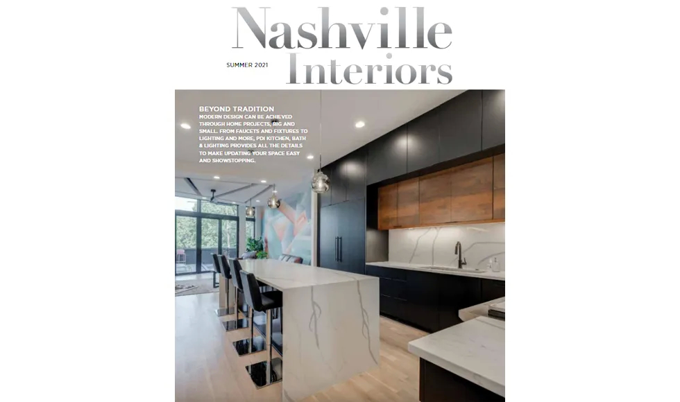 Nashville Interiors press clipping, the cover, featuring a modern kitchen with a large island and bar stools.