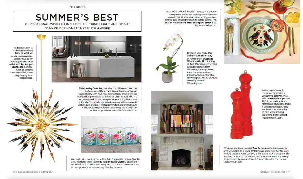 Nashville Interiors press clipping featuring a kitchen island, dining table, and Koket's Outburst Chandelier.