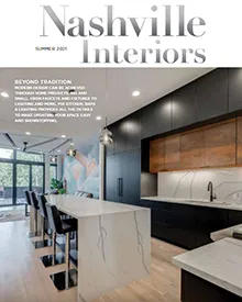 Nashville Interiors press clipping, the cover, featuring a modern kitchen with a large island and bar stools.