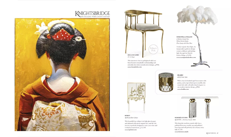 Knightsbridge magazine spread: a Japanese geisha artwork on the cover, and luxury furniture including Koket's Spellbound Bar Cabinet.