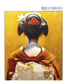 Knightsbridge magazine cover, April 2023, featuring an artistic illustration of a person in traditional Japanese attire from behind.