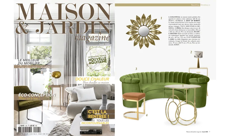 Maison & Jardin Magazine press clipping featuring a green sofa, gold mirror, and Koket's Kiki Side Table.