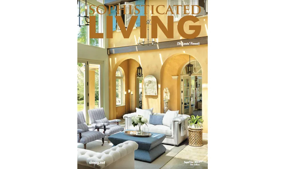 Sophisticated Living press clipping, the cover, featuring a luxurious living room with high ceilings.