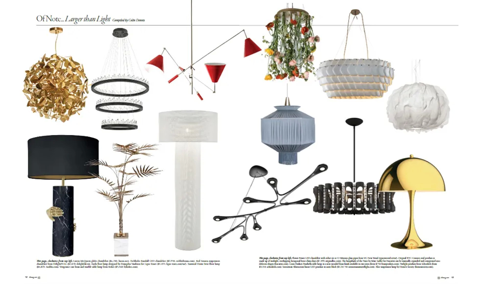 Sophisticated Living press clipping featuring various lighting fixtures, including Koket's Vengeance Table Lamp.