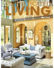 Sophisticated Living press clipping, the cover, featuring a luxurious living room with high ceilings.