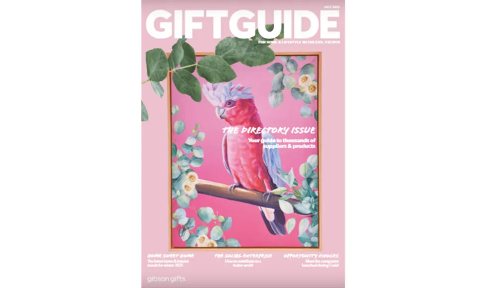 Australia Giftguide press clipping, the cover, featuring a pink background with a cockatoo on a branch.