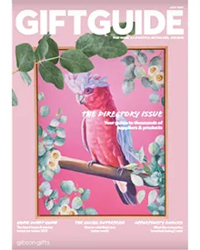 Australia Giftguide press clipping, the cover, featuring a pink background with a cockatoo on a branch.