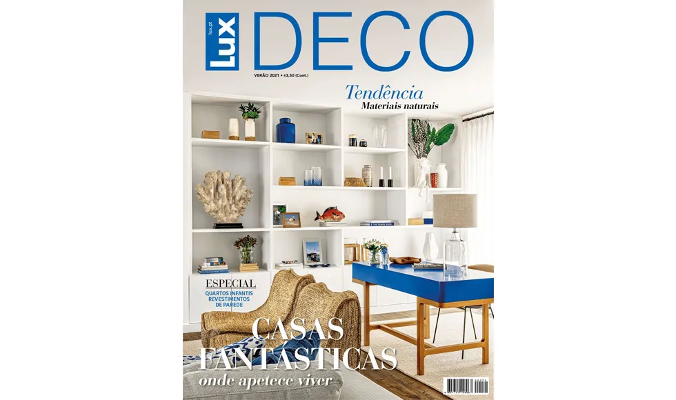 Lux Deco press clipping, the cover, featuring a stylish room with a blue desk and white shelving.