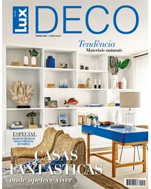 Lux Deco press clipping, the cover, featuring a stylish room with a blue desk and white shelving.