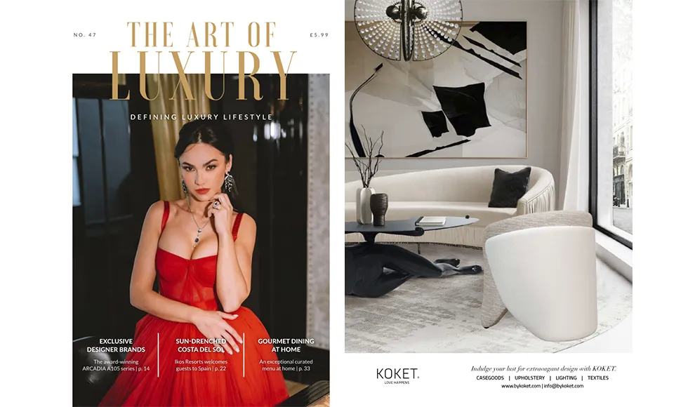 The Art of Luxury press clipping featuring Koket's Vamp Sofa in a luxurious living room setting.