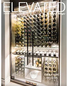 Elevated press clipping, the cover, featuring a large, modern wine cellar with many bottles.
