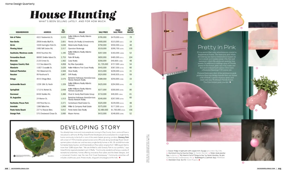 Jacksonville Magazine press clipping featuring a pink and green dressing room with Koket's Aberdeen Chair.