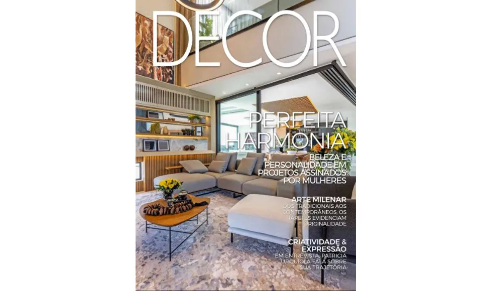 Decor press clipping, the cover, featuring a modern living room with a large gray sectional sofa.