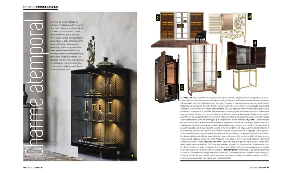Decor press clipping featuring a collection of display cabinets, including the Spellbound Bar Cabinet.