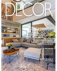 Decor press clipping, the cover, featuring a modern living room with a large gray sectional sofa.