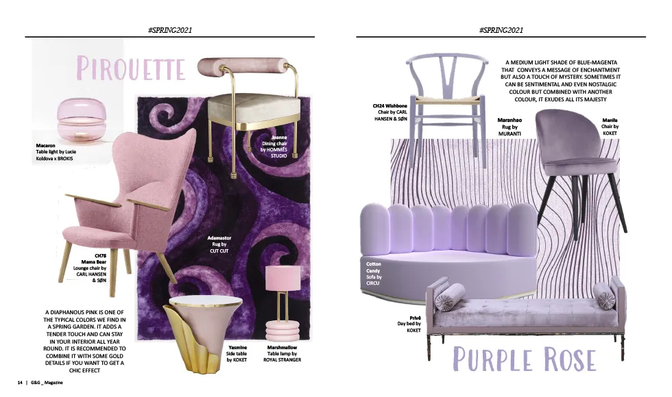 G&G press clipping featuring pink and purple furniture, including Koket's Yasmine Side Table.