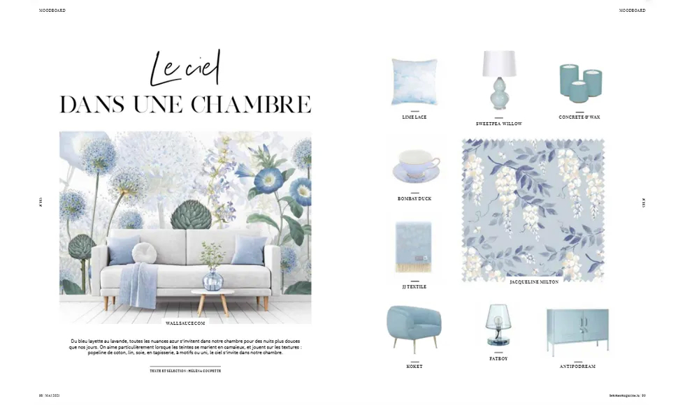 Femmes press clipping with a mood board featuring blue bedroom decor items and a floral wallpaper.