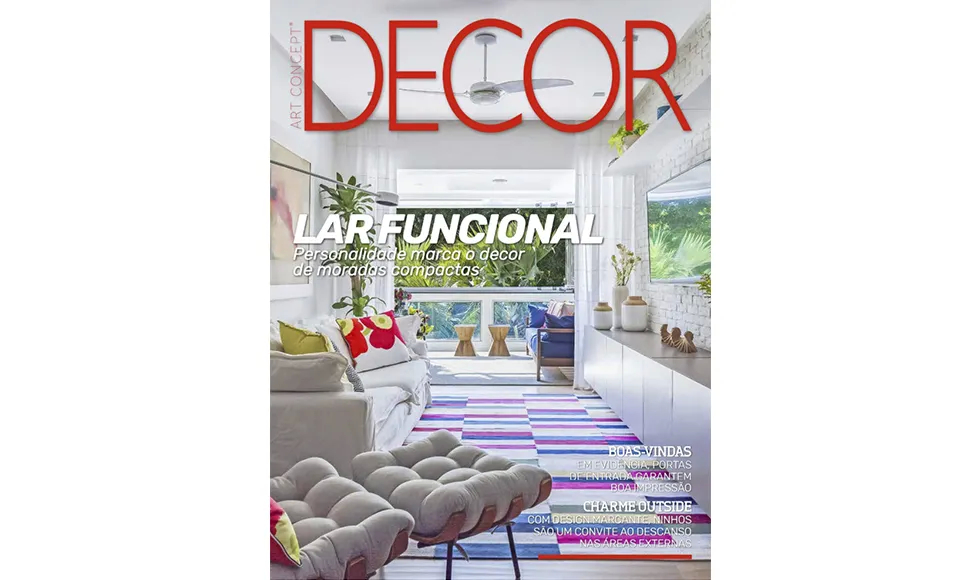 Cover of Revista Décor (Art Concept) magazine, showing a brightly lit living room with colorful rug and balcony view.