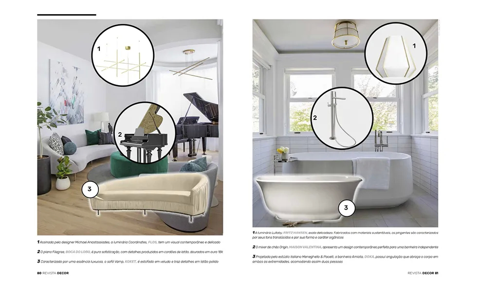 Revista Décor (Art Concept) press clipping featuring the Vamp Sofa, a piano, and a contemporary living room.