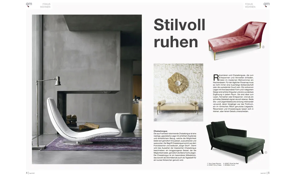 Press clipping from QM Magazin showcasing various chaise lounges, including Koket designs, in a stylish interior.