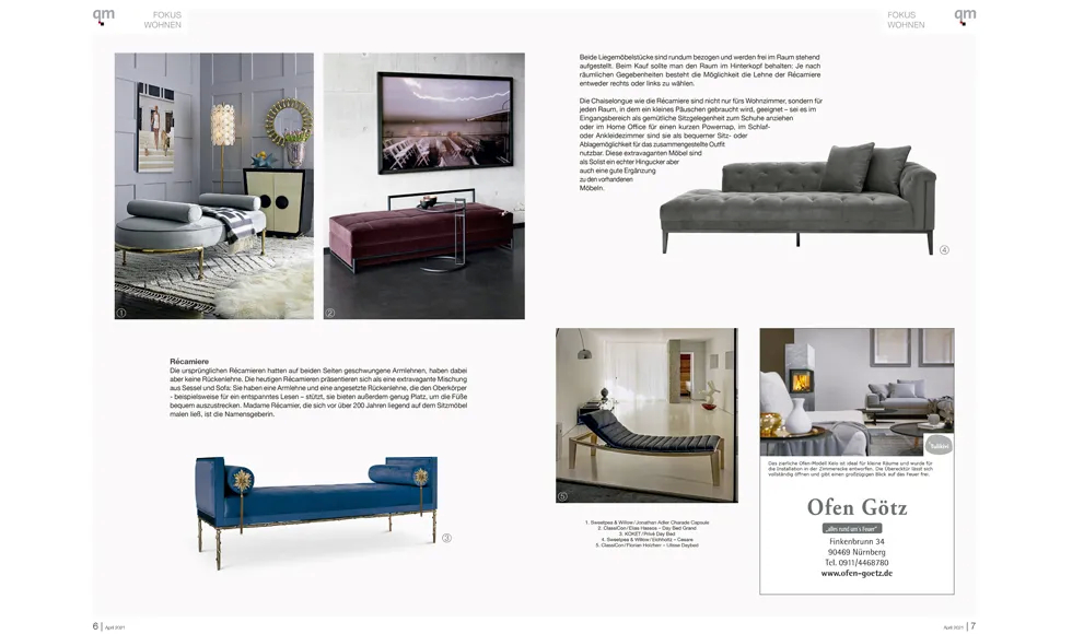 Press clipping from QM Magazin featuring Koket products and other luxurious furniture pieces.