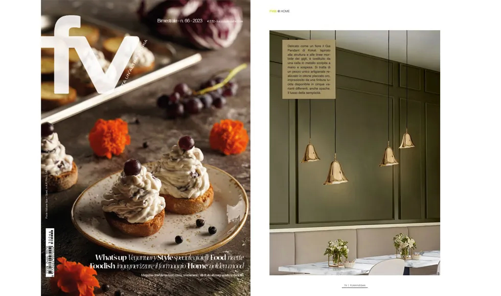 Single-page article from FunnyVegan Magazine, Dec 2023, Peach Fuzz Moodboard, featuring interior decor including Koket's Gia Pendant.