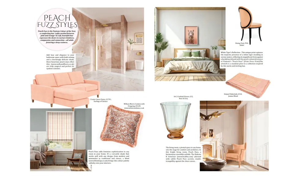 Double-page spread from Affinity - Luxury Lifestyle, Jan 2024, Peach Fuzz Your Interiors, featuring Koket's Merveille Chair.