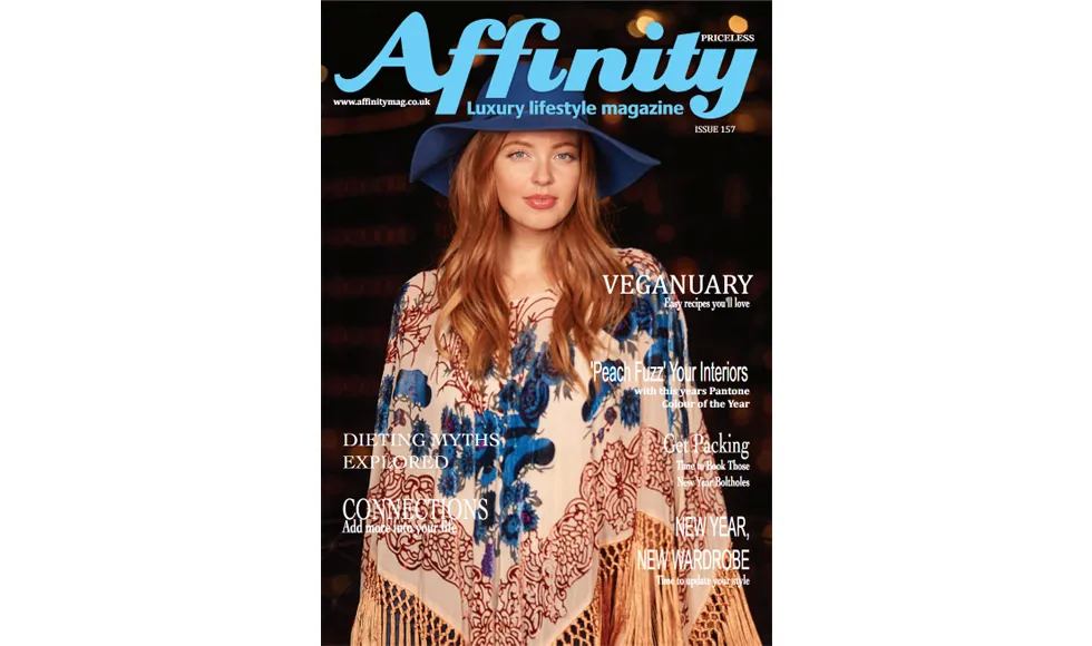 Cover of Affinity - Luxury Lifestyle magazine, January 2024, featuring a woman in a blue hat, titled New Beginnings.