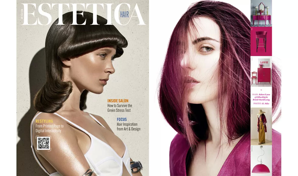Estetica Hair magazine spread: March 2023 cover with a model in a white top and styled hair, plus an inside page with a model with pink hair.