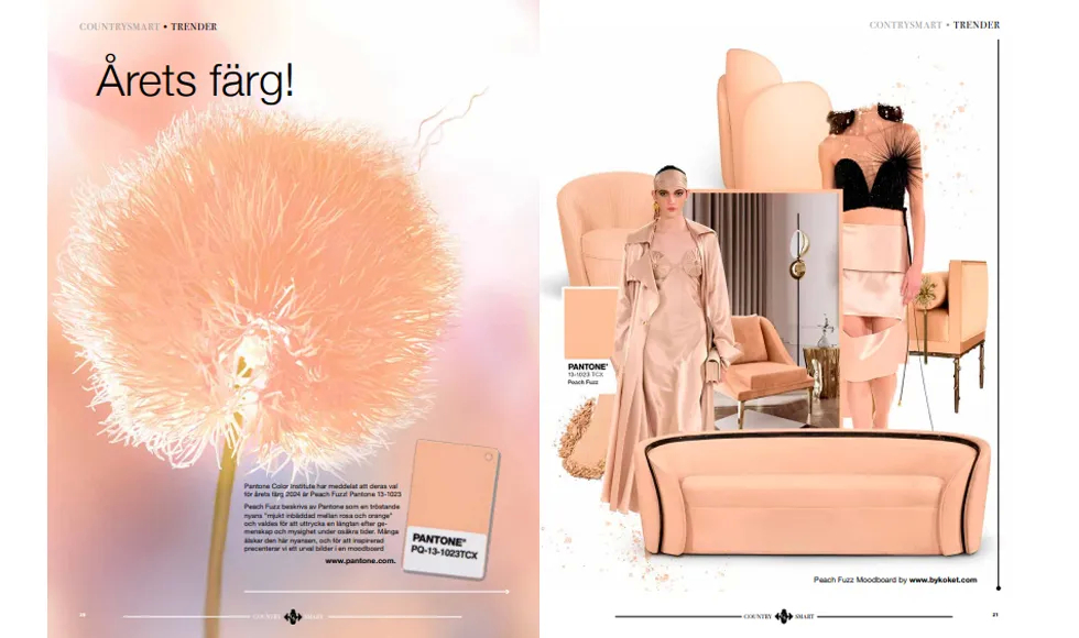 Double-page spread from Countrysmart, January 2024, titled Smarter Living, featuring interior design and Koket's Sultana Sofa.