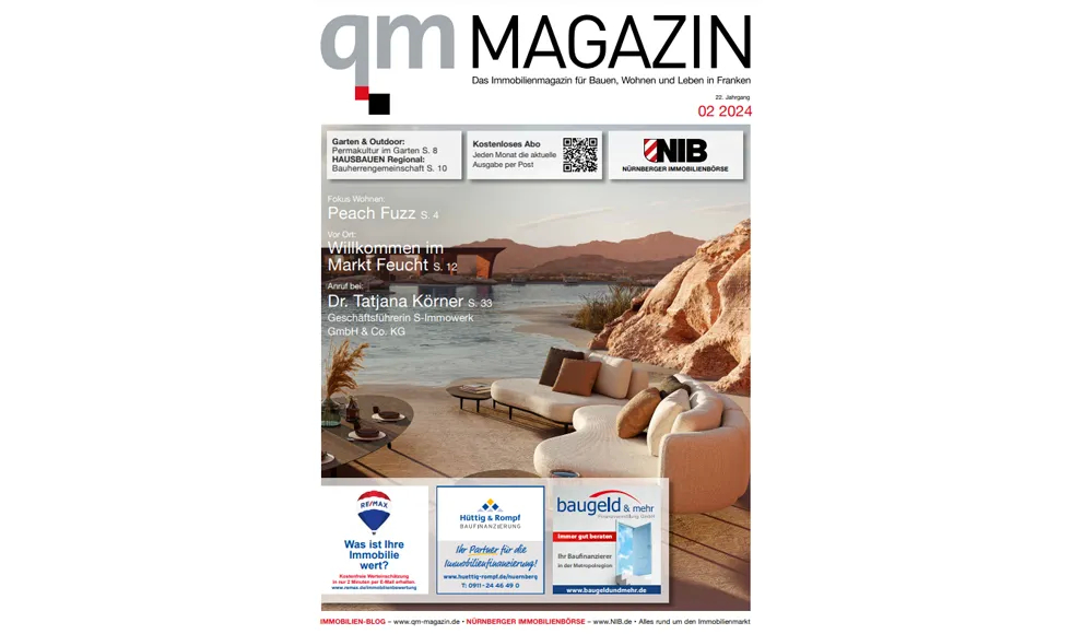Cover of qm Magazin, February 2024, featuring a stylized image of a woman with fashion and interior design elements.