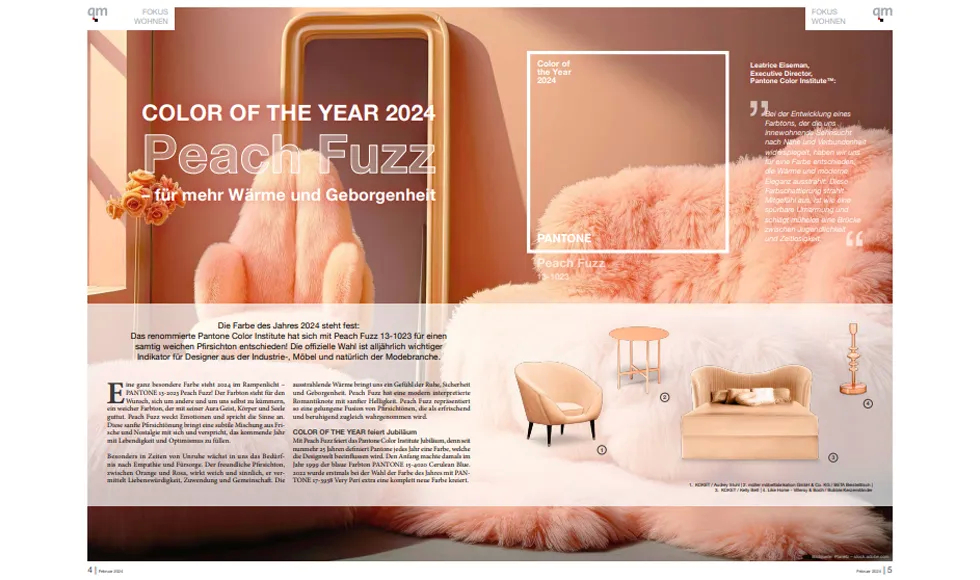 Double-page article from qm Magazin, Feb 2024, Color of the Year 2024 Peach Fuzz, featuring an elegant bedroom with Koket's Kelly Bed.