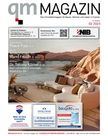 Cover of qm Magazin, February 2024, featuring a stylized image of a woman with fashion and interior design elements.