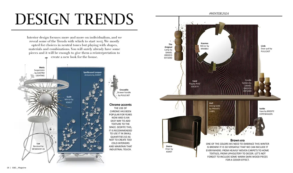 A two-page article from G&G Magazine, Italy, January 2024, featuring luxury furniture, including Koket's elegant Desire Sofa.
