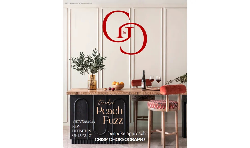 Cover of G&G Magazine, January 2024, featuring a stylish interior scene with a "Tender Peach Fuzz" theme.