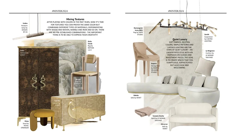 A double-page spread from G&G Magazine, Italy, January 2024, featuring luxury interior design and Koket's Camilia Cabinet.
