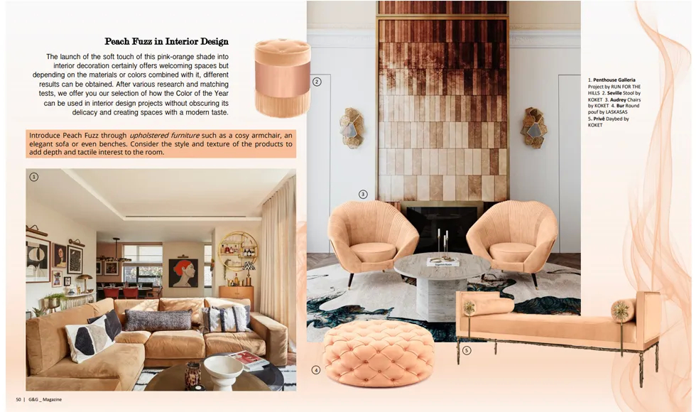 A two-page article from G&G Magazine, Italy, January 2024, featuring luxury interior design, including Koket's Seville Stool.