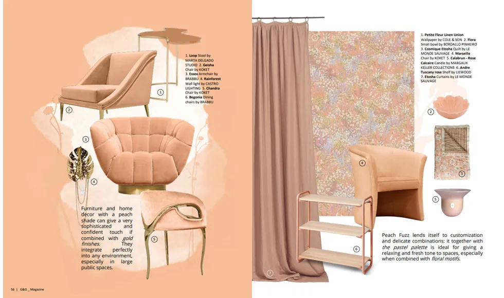 A double-page article from G&G Magazine, Italy, January 2024, showcasing luxurious interior design and Koket's elegant Chandra Chair.