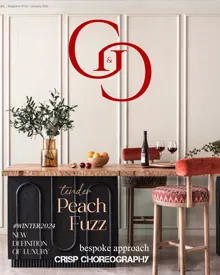 Cover of G&G Magazine, January 2024, featuring a stylish interior scene with a Tender Peach Fuzz theme.