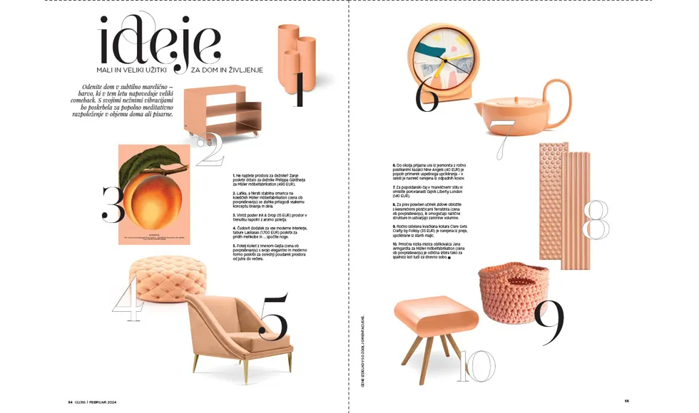 Double-page spread from Gloss Slovenia, Feb 2024, Ideje, featuring interior design in peach tones, including a Geisha Chair.