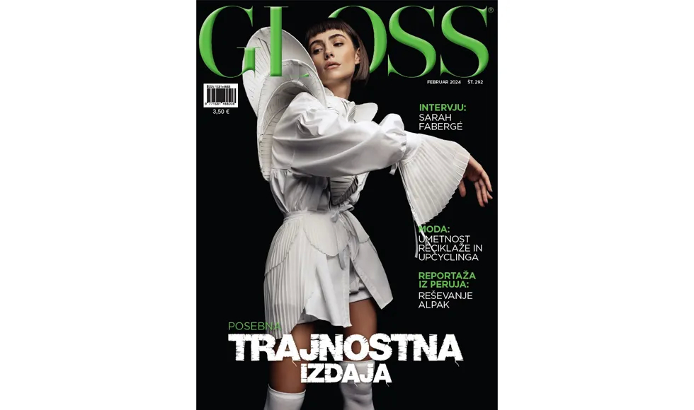 Cover of Gloss Slovenia, February 2024, featuring a woman in a white pleated dress, with headlines about sustainability.