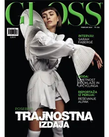 Cover of Gloss Slovenia, February 2024, featuring a woman in a white pleated dress, with headlines about sustainability.