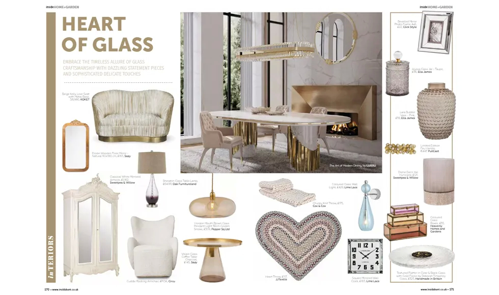 Double-page spread from insideKENT Magazine, Feb 2024, Heart of Glass, featuring Koket's Kelly Sofa and other luxury home decor.